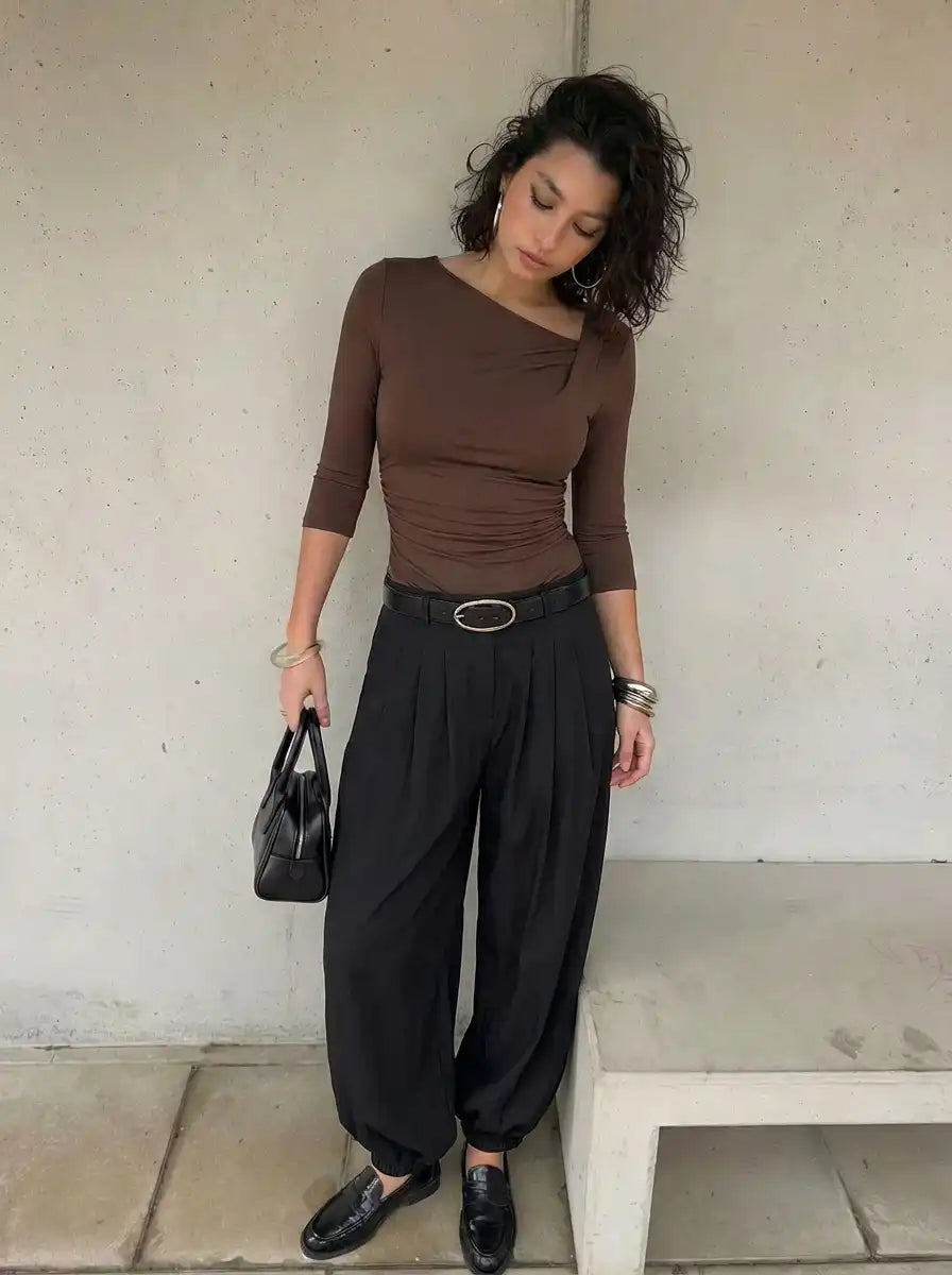 Mid Rise Ruched Balloon Trousers