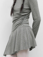 Terry High Neck Ruched Ruffle Mini Dress