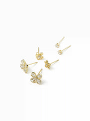 3 PAIRS RHINESTONE & FLOWER EARRINGS SET