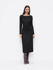 Boat Neck Metal Button Ruched Midi Dress