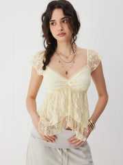 Lace Sweetheart Neck Ruffle Sleeve Bowknot Asymmetrical Hem Top