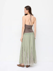 Textured Mid Rise Lace Patched Mermaid Midi Skirt