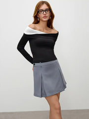 Mesh Patchy Off-shoulder Solid Long Sleeve Top