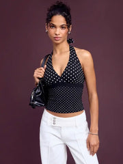 Cotton-blend Polka Dot V-neck Halter Tank Top