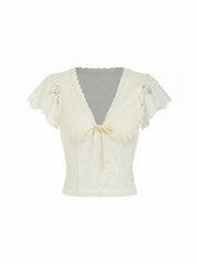 Lace V-neck Cloak Sleeve Drawstring Crop Top
