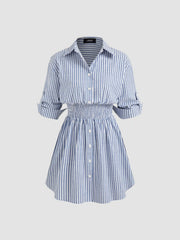 Cotton-blend Collar Striped Shirred Button Mini Shirt Dress