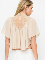 Chiffon Floral Lace Stand Collar Cloak Sleeve Oversized Blouse