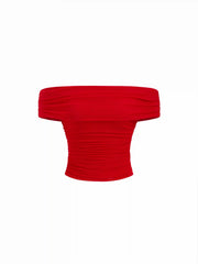 Mesh Off-shoulder Ruched Short Sleeve Top