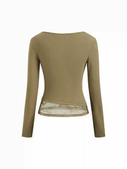 Two Tone Cowl Neck Long Sleeve Contrasting Lace Ruched Top
