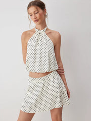 Satin Halter Neckline Polka Dot Top & Mid Rise Zipper Mini Skirt Set