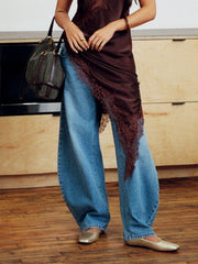 Washed Denim Low Rise Barrel-leg Trousers