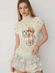 Waffle Textured Star & Puppy Print Short Sleeve Tee