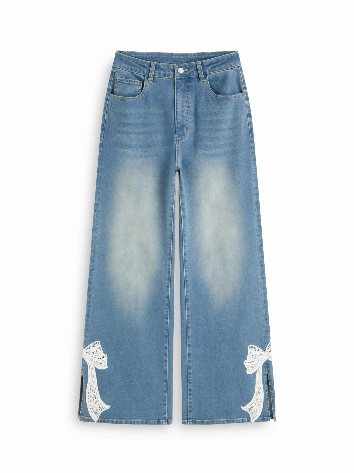 High Stretch Denim Mid Rise Lace Bowknot Wide Leg Jeans