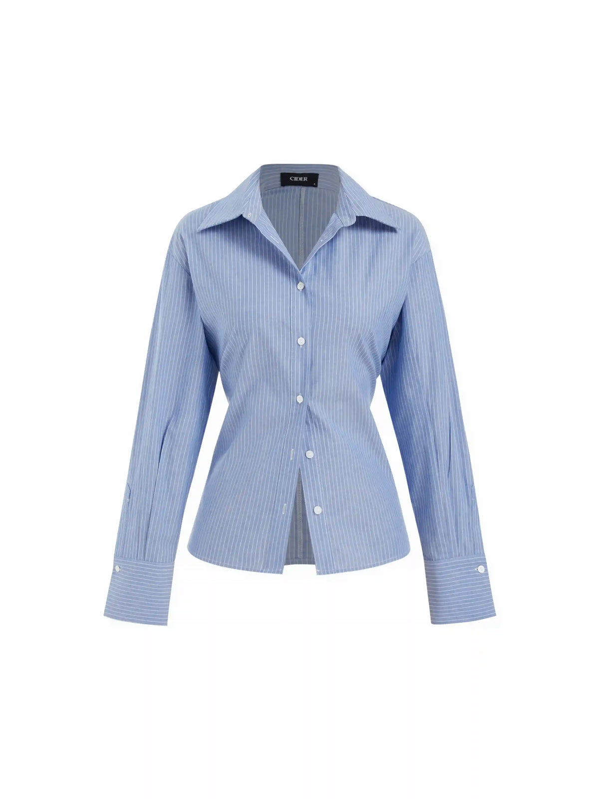 Linen-blend Stripe Collar Twist Knotted Regular Long Sleeve Blouse