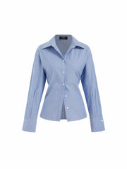 Linen-blend Stripe Collar Twist Knotted Regular Long Sleeve Blouse