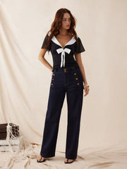 Chiffon Colorblock Collar Ruffle Sleeve Ruched Bowknot Blouse