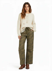 Mid Rise Tree Branch Pattern Ruched Drawstring Cargo Trousers
