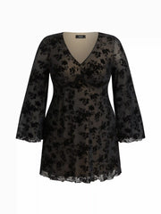 Mesh V-neck Floral Bow Long Sleeve Mini Dress Curve & Plus