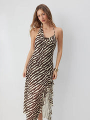 Mesh Zebra Striped Halter Neckline Asymmetric Draped Maxi High-Low Dress