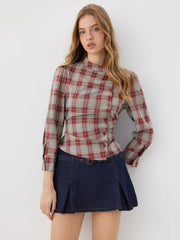 Plaid Stand Collar Asymmetrical Mid-length Sleeve Blouse