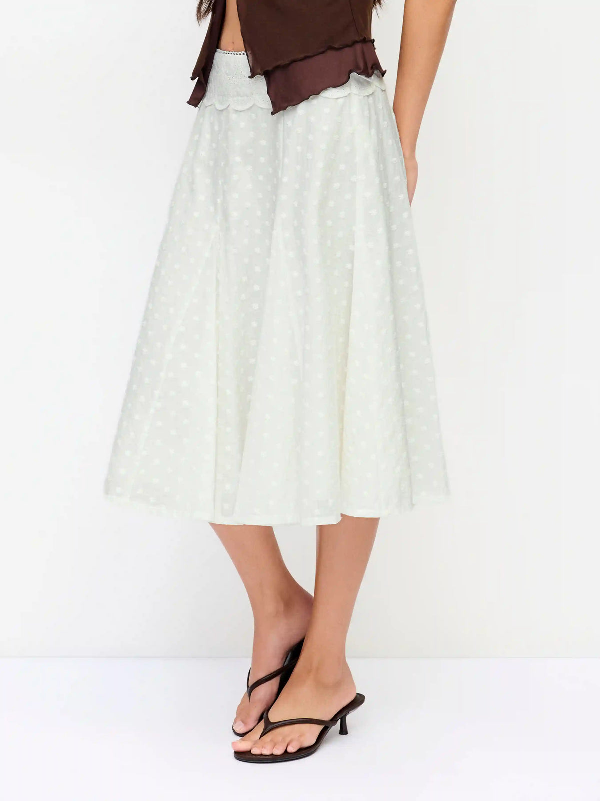 Cotton Jacquard Mid Rise Embroidery A-line Midi Skirt