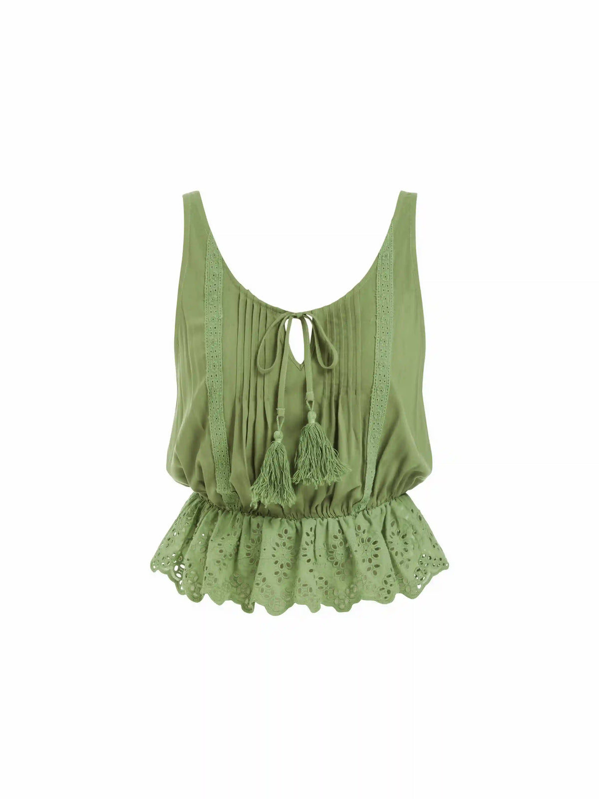 Eyelet Scoop Neck Tie Front Tassel Ruffle Hem Cami Blouse