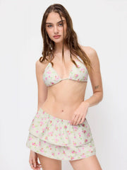 Floral Halter Neck Triangle Top & Tie Side Ruffle Hem Bikini Bottom 3 Piece Bikini Set