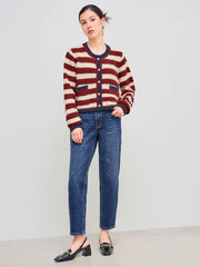 Knit Round Neck Striped Contrasting Binding Pocket Cropped Cardigan