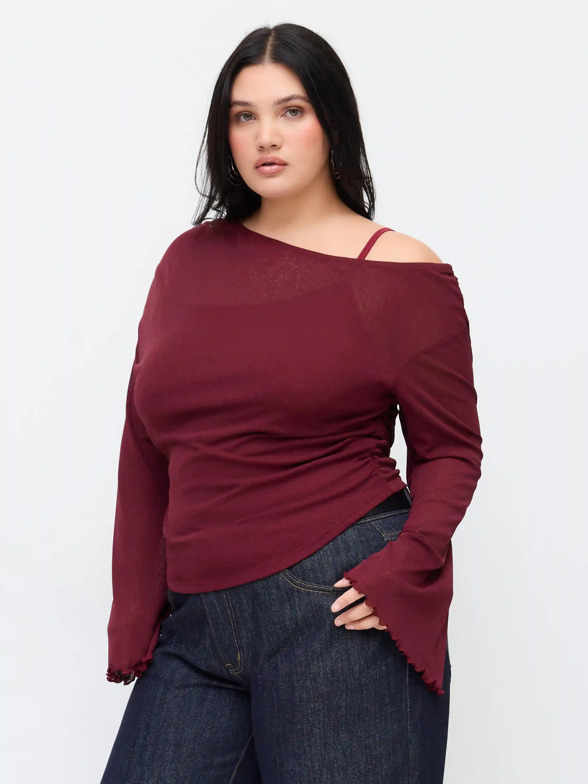 Asymmetrical Neck Ruched Lettuce Trim Tee Curve & Plus