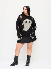 Knit Ghost Pattern Stripe Ripped Oversized Top Curve & Plus