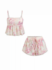 Floral Square Neck Lace Trim Cami Top & Mid Rise Drawstring Shorts Loungewear Set