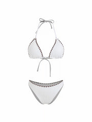 Halter Neckline Contrasting Binding Triangle Cheeky Bikini Set With Floral Lace Trim Cover Up Set