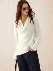 Satin Cowl Neck Asymmetrical Hem Long Sleeve Blouse