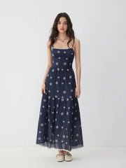 Embroidery Floral Tiered Lace Trim Flared Maxi Dress