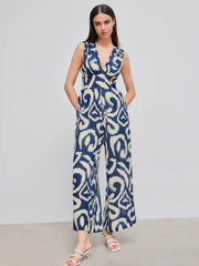 Woven V-neck Abstract Sleeveless Wide Leg Jumpsuit