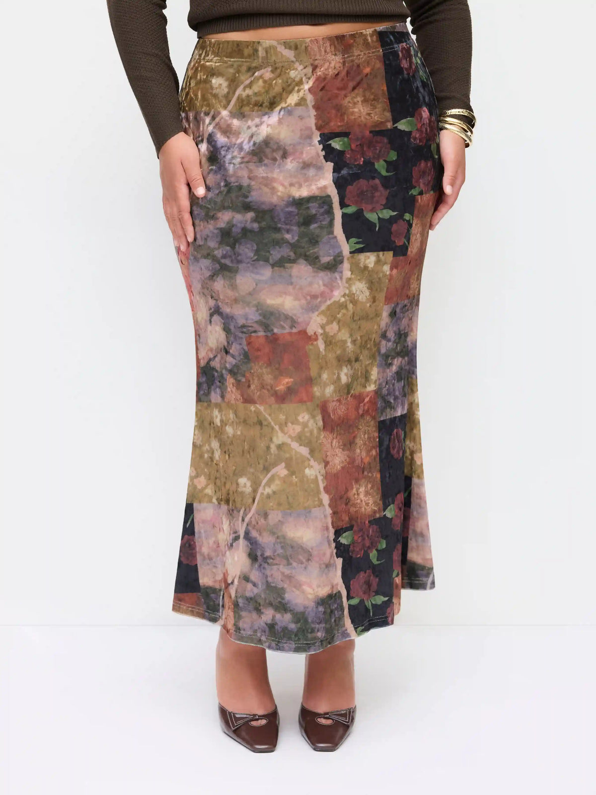 Velvet Mid Rise Floral Elastic Waist Maxi Mermaid Skirt