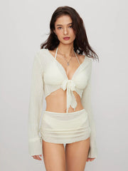 V-neck Knotted Triangle Cheeky Bikini Set With Texture Cover Up Set