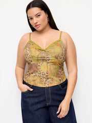 Mesh V-neck Leopard Lace Trim Cami Top Curve & Plus