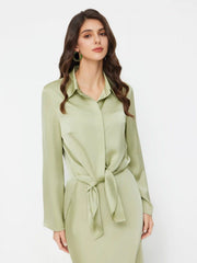 Satin Collar Knotted Flare Sleeve Top & Solid Maxi Skirt Set