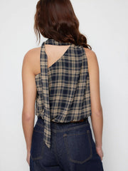 Plaid Halter Neck Asymmetrical Crop Blouse Bodysuit With Scarf