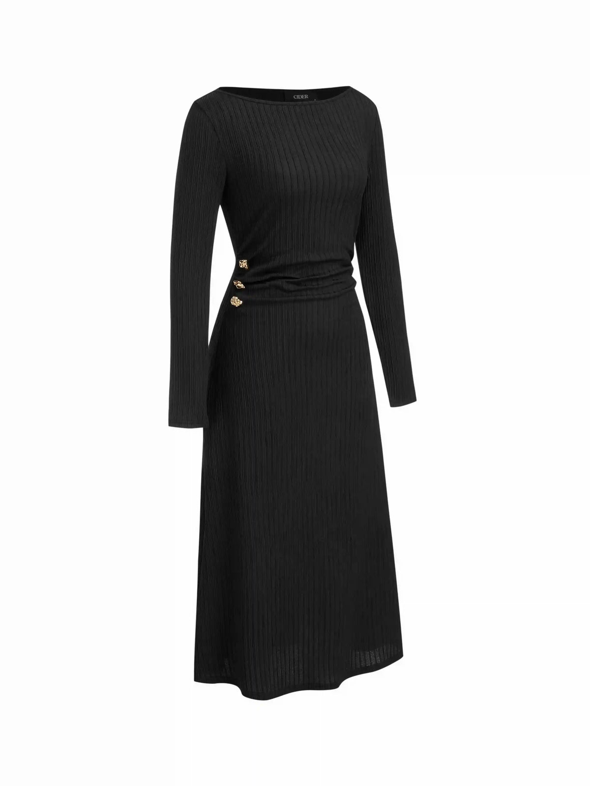 Boat Neck Metal Button Ruched Midi Dress