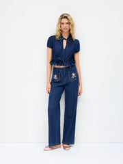 Floral Embroidery High-Waist Straight Leg Denim Jeans