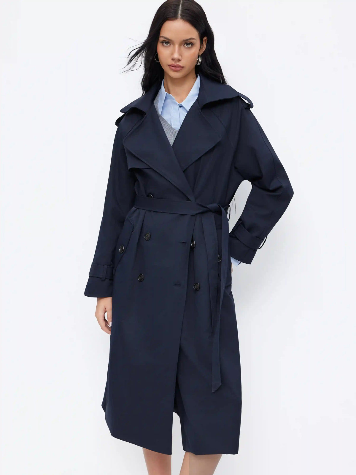 Collar Long Sleeve Double Breasted  Trench Coat With Belt