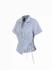 Cotton-blend Stripe Wrap Short Sleeve Blouse