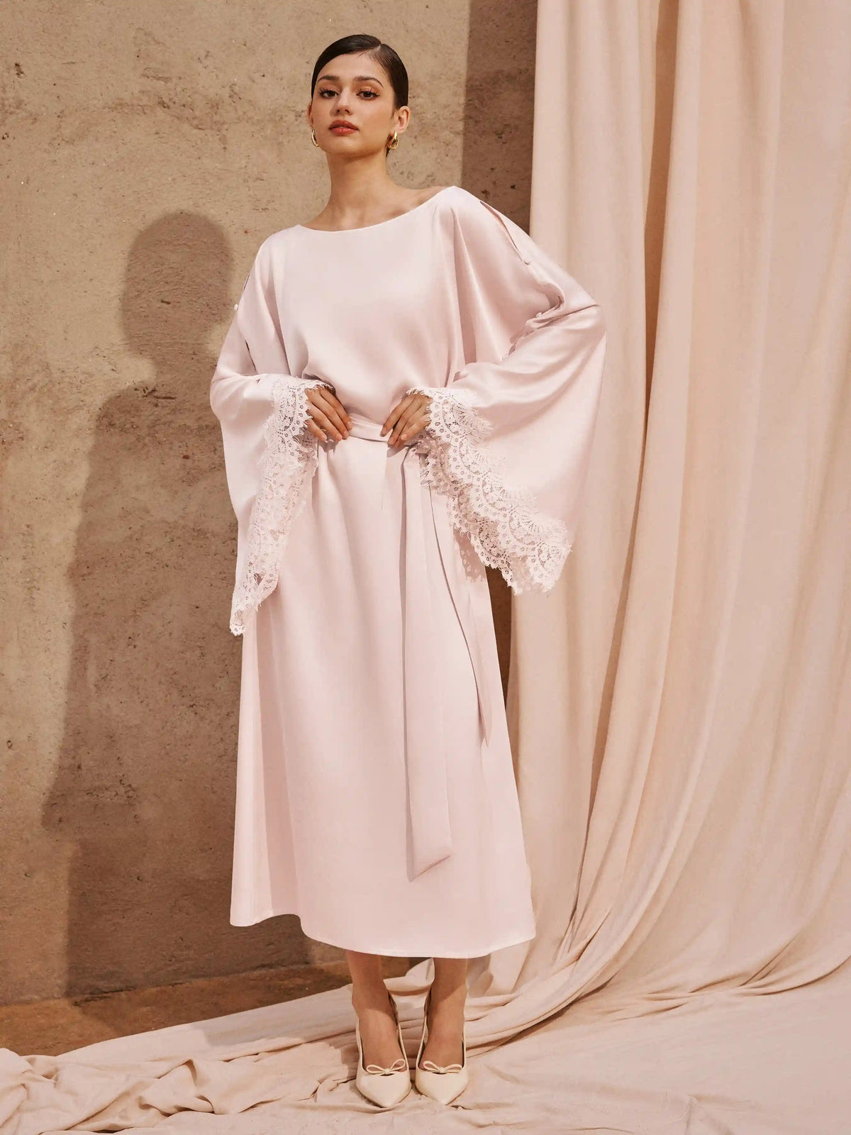 Satin Boat Neck Bell Sleeve Lace Panel Flared Maxi Dress