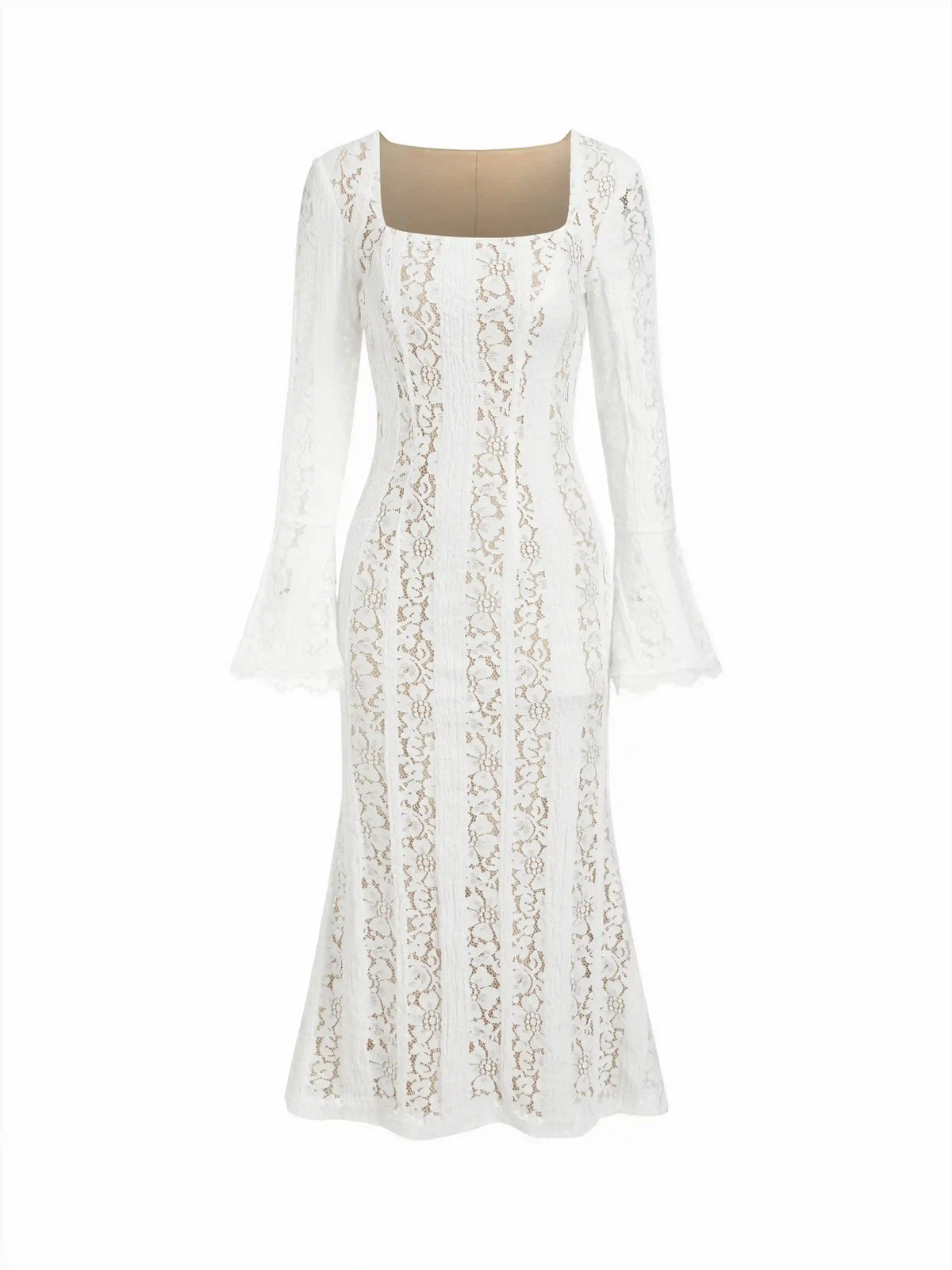 Floral Lace Square Neck Bell Sleeve Mermaid Maxi Dress