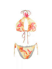 Halter Neckline Floral Ruched Lettuce Trim Tie Side Bikini Set