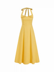 Linen-blend Halter Neckline Flared Maxi Dress