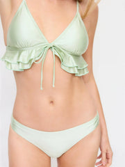 V-neck Ruffle Hem Tie Front Triangle Low Rise Cheeky Bikini Set