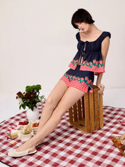 Linen-blend Raspberry & Gingham Tie Front Babydoll Top
